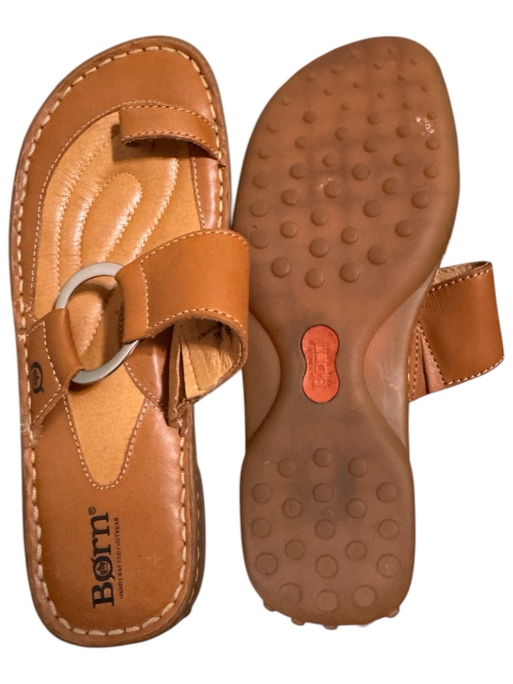 Born Tan Leather Slide Sandals with Silver Ring Accent - Picture 3 of 4